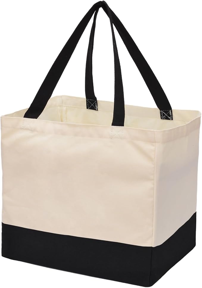 CNaiyunpin Heavy Duty Canvas Reusable Grocery Bags - 8.3 Gal Foldable Large Tote with Handles, Holds 60 lbs & Washable Eco-friendly Bags with 5 Pockets, Off White Black