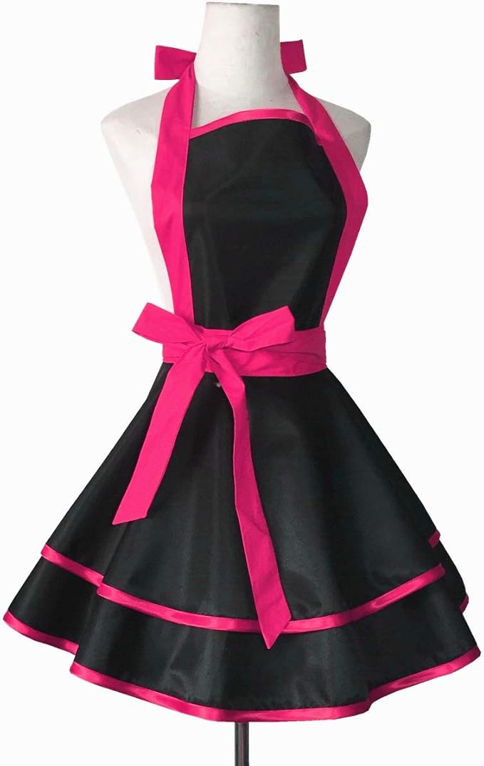 Hyzrz Lovely Handmade Cotton Retro Black Aprons for Women Girls Cake Kitchen Cook Apron for Mother's Gift (Red Rose)
