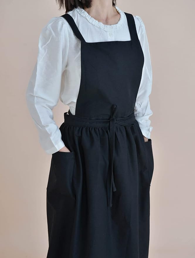 Japanese apron Women-Cross Back Apron for Women with Pockets, Pinafore Aprons, Womens Cotton Linen Apron