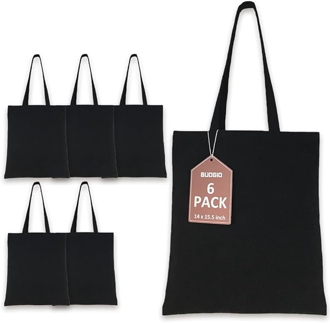 BUOGIO 6 Pack Black 10oz Plain Canvas Tote Bags Bulk Blank Reusable Shopping Bag 14" x 15.5" for Custom Printing, Promotional, Gifts