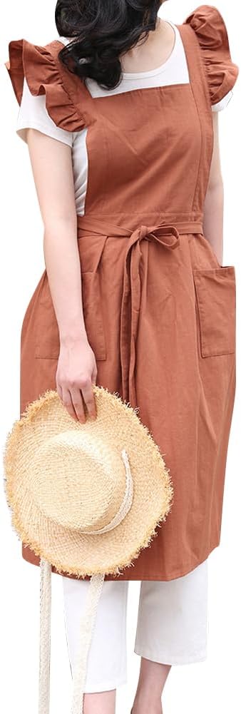 ODIZLI Frill Apron for Women Cotton Cross Back Vintage Ruffle Apron for Garden Cooking Aprons