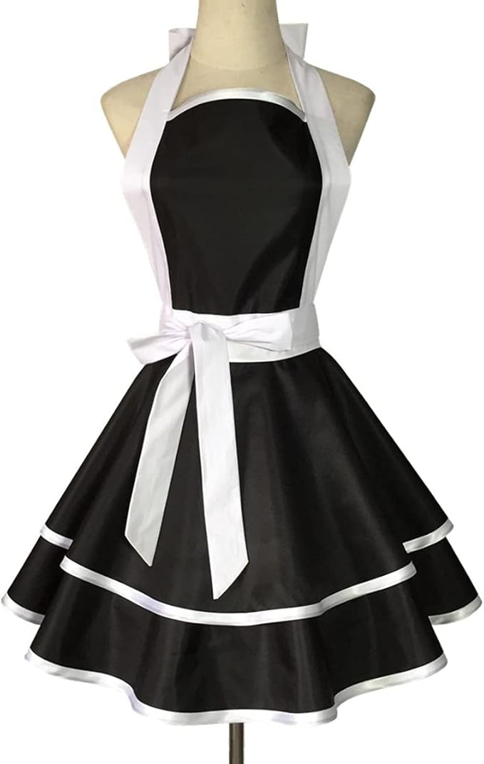 Hyzrz Lovely Handmade Cotton Retro Black Aprons for Women Girls Cake Kitchen Cook Apron for Mother's Gift (White)