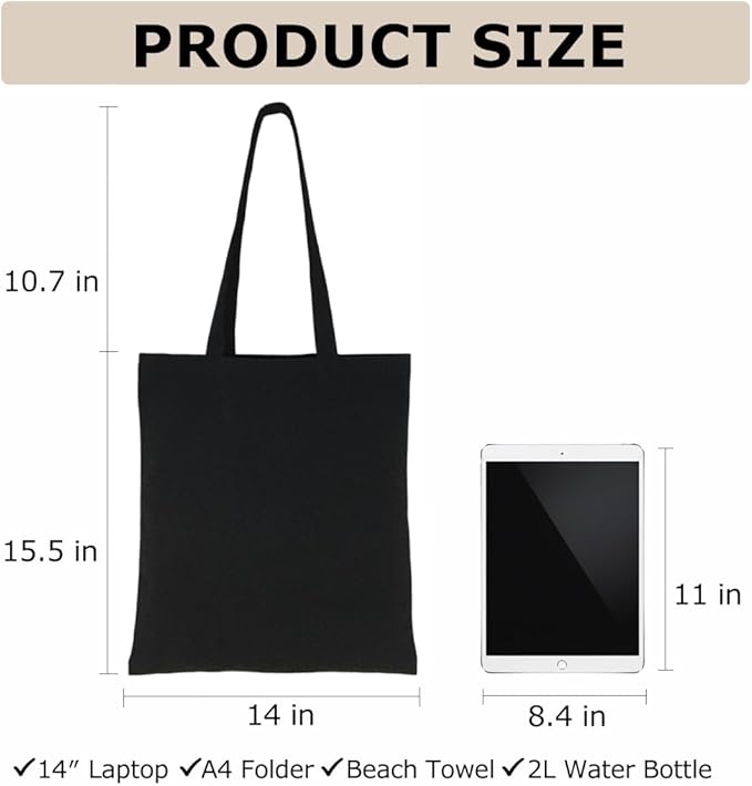BUOGIO 12 Pack Black 10oz Plain Canvas Tote Bags Bulk Blank Reusable Shopping Bag 14" x 15.5" for Custom Printing, Promotional, Gifts