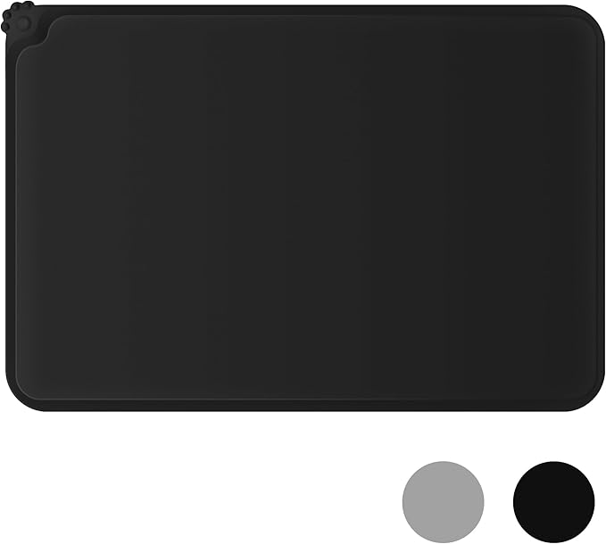 MoPawKT- Pet Food Mat 21” x 15“ with Raised Edges, Waterproof, Anti-Slip, Thickened Silicone Dog Food Mat for Bowls, Pet Accessories Tray Cat Food Mat Prevent Water Splashing onto The Floor (Black)