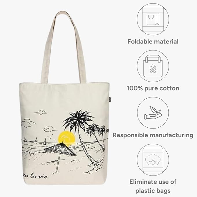 Ecoright Tote Bag for Women with Zipper, Small Tote Bag, Canvas Bag, Reusable Cotton Bag for Beach, Grocery, School & Work