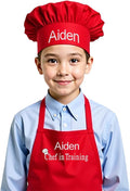 Made in the USA Personalized Embroidered Premium Child Apron and Chef Hat for Kids Girls Boys Fun in the Kitchen Gift (Chef in Training, Regular with hat)