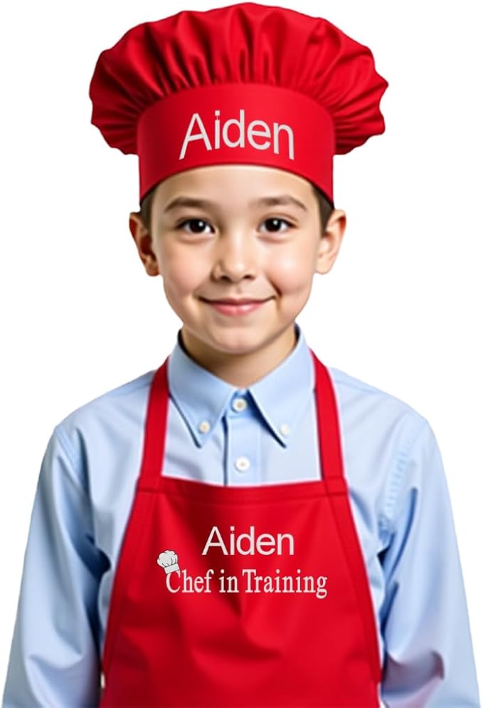 Made in the USA Personalized Embroidered Premium Child Apron and Chef Hat for Kids Girls Boys Fun in the Kitchen Gift (Chef in Training, Regular with hat)