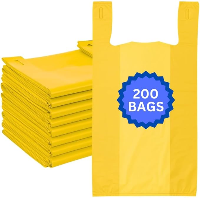 ASSUREPAK Colored Unprinted HDPE T-Shirt Bags - 200 Bags - 1/6 BBL 11.5"X6"X21" - 200 Units - 13 microns - Yellow - Perfect for Groceries, Shopping, Boutique Bags and Retail Stores LOOP-YELLOW