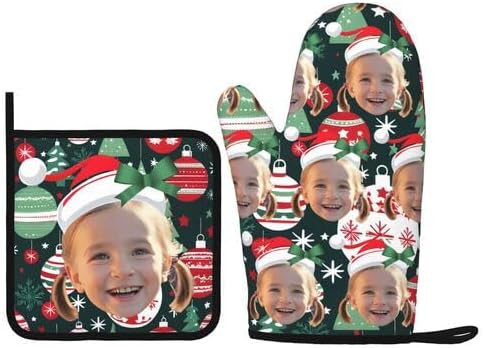 Custom Your Christmas Oven Mitts and Potholder Silicone Glove Heat Resistant, Kitchen Gloves for Cooking, 2-Piece Set