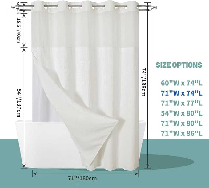 eachope Cream No Hook Waffle Weave Shower Curtain with snap-in Liner Replacement, 230GSM Waterproof Fabric Hotel Shower Curtain Set for Bathroom, Through Mesh Top Window,71Wx74H