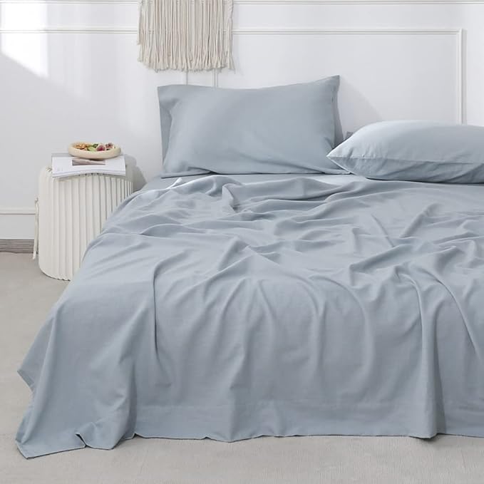 Simple&Opulence Belgian Linen Sheet Set Solid Color - 4 Pieces (1 Flat Sheet, 1 Fitted Sheet & 2 Pillowcases) Natural Flax Cotton Blend Soft Breathable Farmhouse Bedding - Full Size, Dusty Blue
