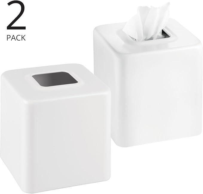 mDesign Metal Square Tissue Box Cover, Modern Facial Paper Holder - Accessories for Bathroom Vanity Countertop, Bedroom Dresser, Night Stand, Desk, Office, End Table - Unity Collection, 2 Pack - White