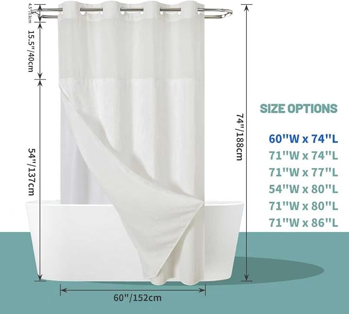 eachope Cream No Hook Waffle Weave Shower Curtain with snap-in Liner Replacement, 230GSM Waterproof Fabric Hotel Shower Curtain Set for Bathroom, Through Mesh Top Window,60Wx74H