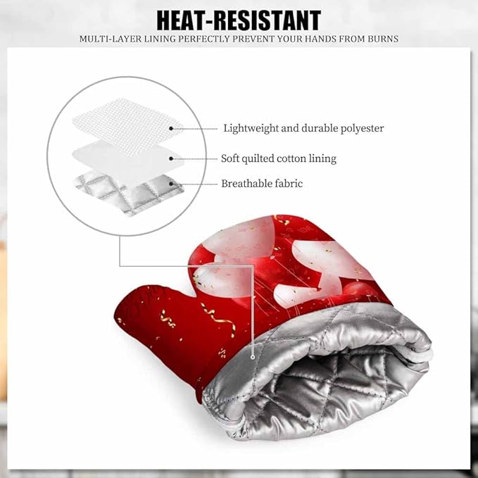 Mxocom Red Hearts Balloons Oven Mitts and Pot Holders Sets Valentine's Day Love Backdrop Silicone Heat Resistant Kitchen Oven Gloves Pot Holder for Cooking