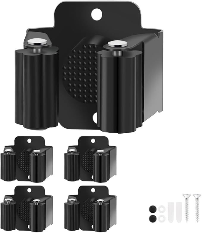 Yiows Broom Holder Wall Mount, 4PCS Broom Hanger Wall Mount, Stainless Steel Heavy Duty Mop Holder Broom Mop Hanger Wall with Screws, Garden Outdoor Tool Organizer Rack Broom Hanger (Black)