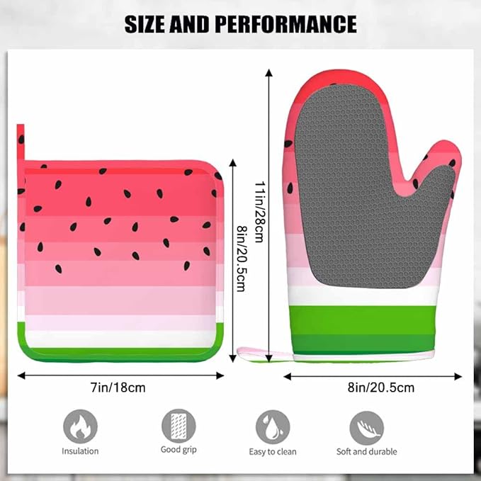 Mxocom Watermelons Oven Mitts and Pot Holders Sets Summer Fruit Watermelon Slice with Black Seeds Red Green Stripes Silicone Heat Resistant Kitchen Oven Gloves Pot Holder for Cooking