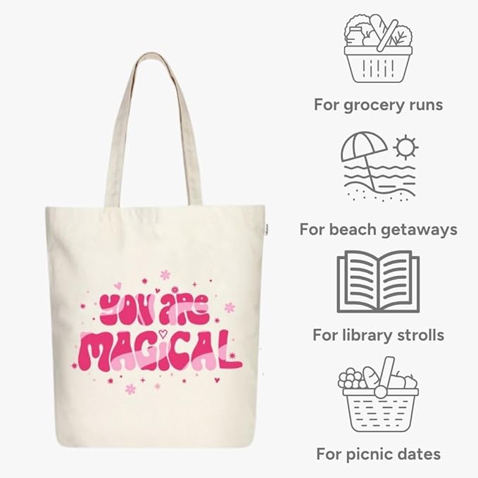 Ecoright Tote Bag for Women with Zipper, Small Tote Bag, Canvas Bag, Reusable Cotton Bag for Beach, Grocery, School & Work