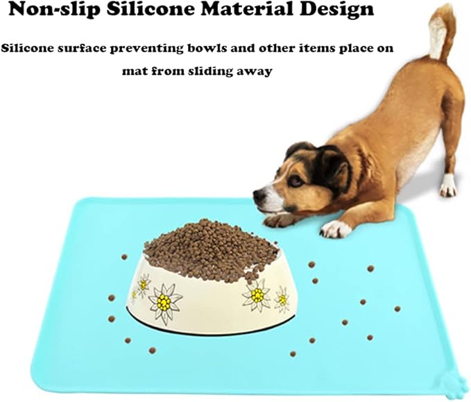 Silicone Pet Feeding Mat, Waterproof Dog Cat Bowl Mat, Raised Edges to Prevent Spills, Easy Clean Nonslip Dogs and Cats Placemat Tray to Stop Food and Water Bowl Messes on Floor (Blue)
