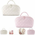Petition Travel Makeup Bag For Women - Quilted Makeup Bag,180° Open Lay-Flat Cosmetic Case,5 Colors Large Capacity Waterproof Make Up Bag Set,With Compartments (White+Pink)