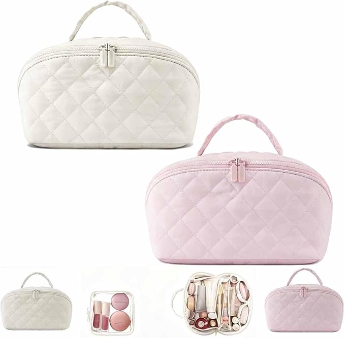 Petition Travel Makeup Bag For Women - Quilted Makeup Bag,180° Open Lay-Flat Cosmetic Case,5 Colors Large Capacity Waterproof Make Up Bag Set,With Compartments (White+Pink)