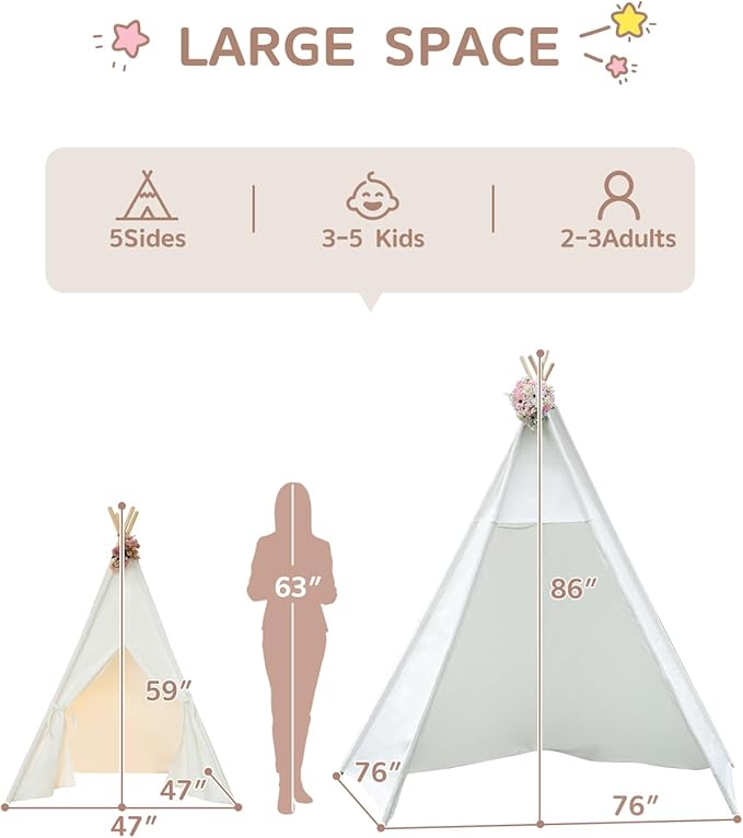 86" H Larger Teepee Play Tent, Huge Foldable Teepee Indoor with Star Light, Large Tall Outdoor Canvas Teepee Tent for Adults, 5 Sides Wide Open Front Beach Teepee Without Door Flaps