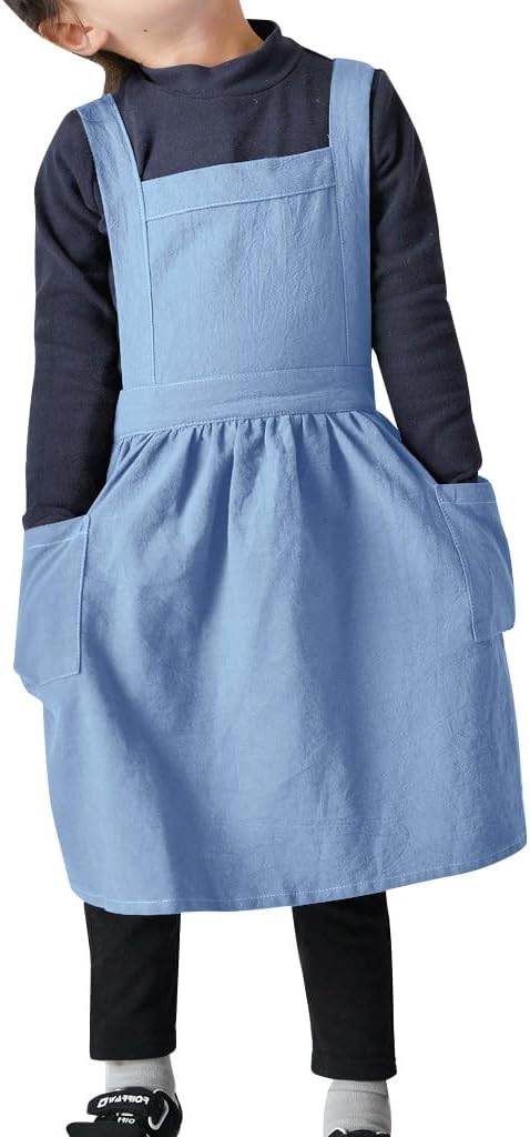 IWEMEK Kids Aprons for Girls Cooking Child Cotton Linen Apron Dress with Pockets Art Baking Gardening Painting Apron Pinafore