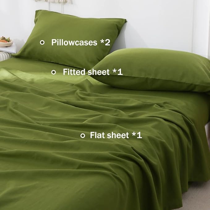 Simple&Opulence Belgian Linen Sheet Set Solid Color - 4 Pieces (1 Flat Sheet, 1 Fitted Sheet & 2 Pillowcases) Natural Flax Cotton Blend Soft Breathable Farmhouse Bedding - Queen Size, Forest