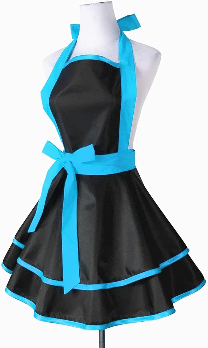 Hyzrz Lovely Handmade Cotton Retro Black Aprons for Women Girls Cake Kitchen Cook Apron for Mother's Gift (Blue)