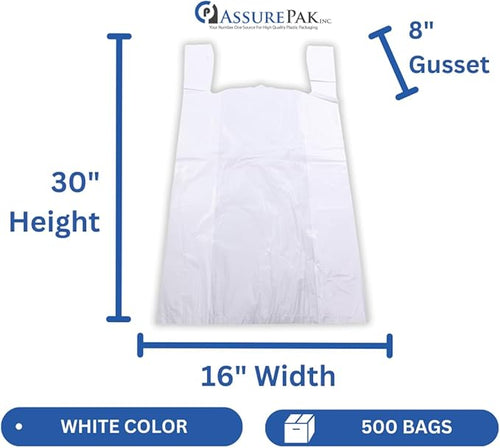 ASSUREPAK White Unprinted HDPE T-Shirt Bags 16"x8"x30" – 500 Units – 16 Microns –Perfect for supermarkets, convenience stores, restaurants, and retail shops