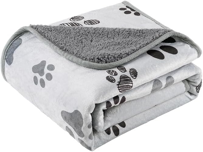 CAPT.SNOOZE Waterproof Dog Blankets Pet Blanket 60"x80", Soft Fluffy Sofa Car Bed Protector, Reversible Sherpa Fleece Dog Blanket for Large Dogs (Light Grey-Paws)