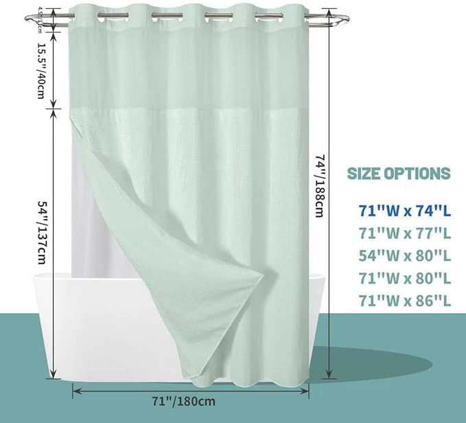 eachope MintGreen No Hook Waffle Weave Shower Curtain with snap-in Liner Replacement, 230GSM Waterproof Fabric Hotel Shower Curtain Set for Bathroom, Through Mesh Top Window,71Wx74H