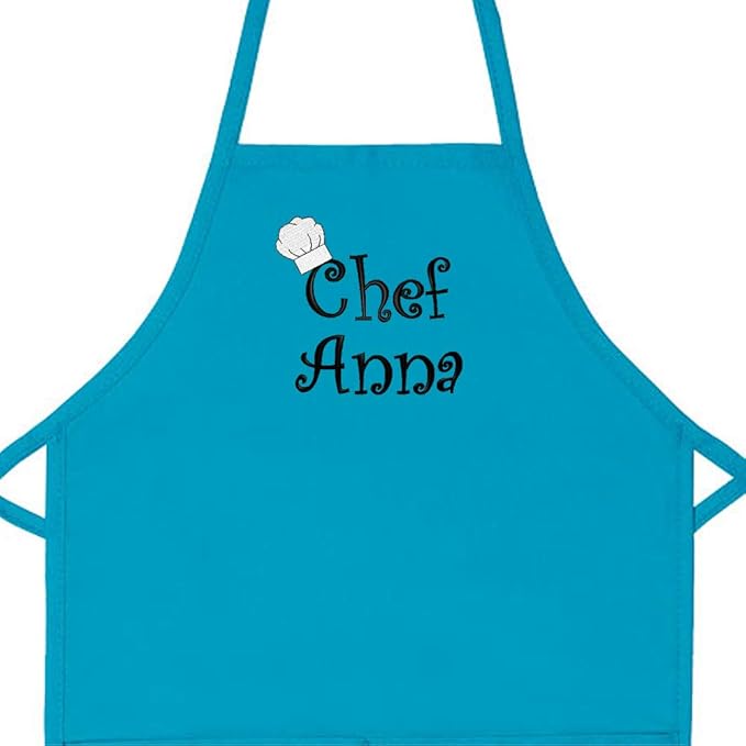 Made in the USA Chef Any Name Child Personalized Embroidered Premium Child Apron for Kids Girls Boys Fun in the Kitchen Gift Turq Regular