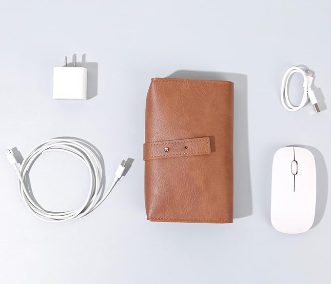 DUWUZEST Vintage leather Electronic organizer travel case,cord organizer travel, Leather charger shortage for essentials mouse, adapter, cables (white grey)