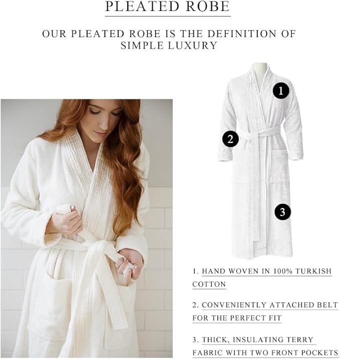 Nine Space Turkish Cotton Pleated Trim Terry Robe | Luxurious Bathrobe, Soft Spa Robe, Cozy Lounge Wear for Women