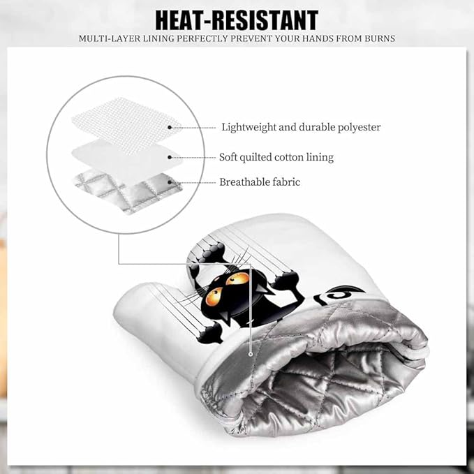 Mxocom Funny Cat Oven Mitt and Pot Holder with Silicone Black Cat Cartoon Scratching Wall Heat Resistant Kitchen for Cooking BBQ Baking Grilling Spring/Summer