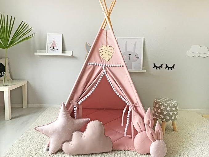 RONGFA Kids Teepee Tent with White Pom Pom - Indoor Play Teepee for Children Boys Portable Play House (Pink)