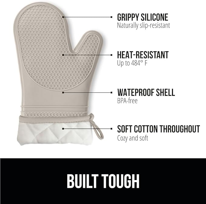 GORILLA GRIP BPA-Free Soft Silicone Oven Mitts, Heat Resistant and Waterproof Cooking Gloves, Thick Cotton Lining, Flexible Gripping for Baking Grilling, Kitchen Potholders Set of 2, 12.5x8.3, Almond
