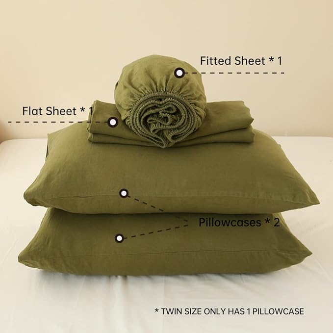 Simple&Opulence Washed Linen Bed Sheet Set Basic Style 4 Pieces (1 Flat Sheet & 1 Fitted Sheet & 2 Pillowcases) 100% Natural French Flax Soft Breathable Farmhouse Bedding (Queen, Olive Green)
