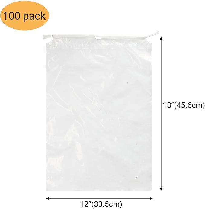 Belinlen 100 Pack 12x18 inch Plastic Drawstring Bags Transparent Shoe Bags for Travel Large Clear Shoes Storage Organizers Pouch with Cotton Draw Strings Shoe Dust Bags