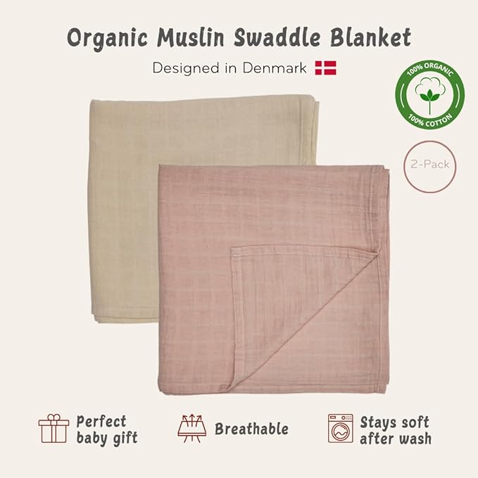 Huxie Swaddle - 100% Organic Cotton - Muslin Swaddle Blankets for Newborn, 47" x 47" 2-Pack (Fog/Blush)