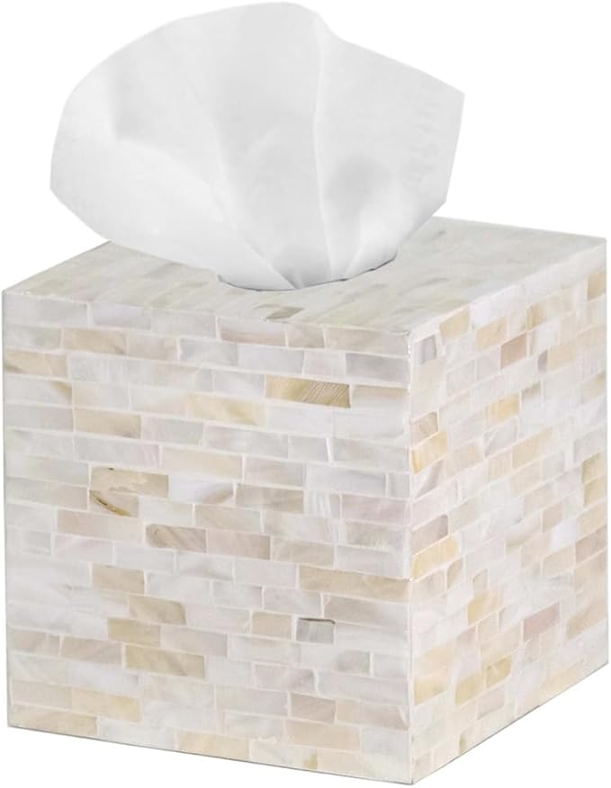 PEMAR 5.9″ Handmade Mother of Pearl Tissue Box Cover – Acacia Wood Cube, 5.35″ Interior Fits 5″ Square Boxes, Sliding Bottom, Lacquer Rustic Farmhouse Decor (Milano)