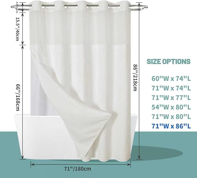 eachope Cream Extra Long No Hook Waffle Weave Shower Curtain with snap-in Liner Replacement, 230GSM Waterproof Fabric Hotel Shower Curtain Set for Bathroom, Through Mesh Top Window,71Wx86H