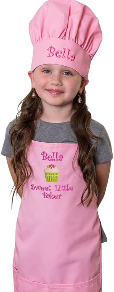 Made in the USA Personalized Embroidered Premium Child Apron and Chef Hat for Kids Girls Boys Fun in the Kitchen Gift