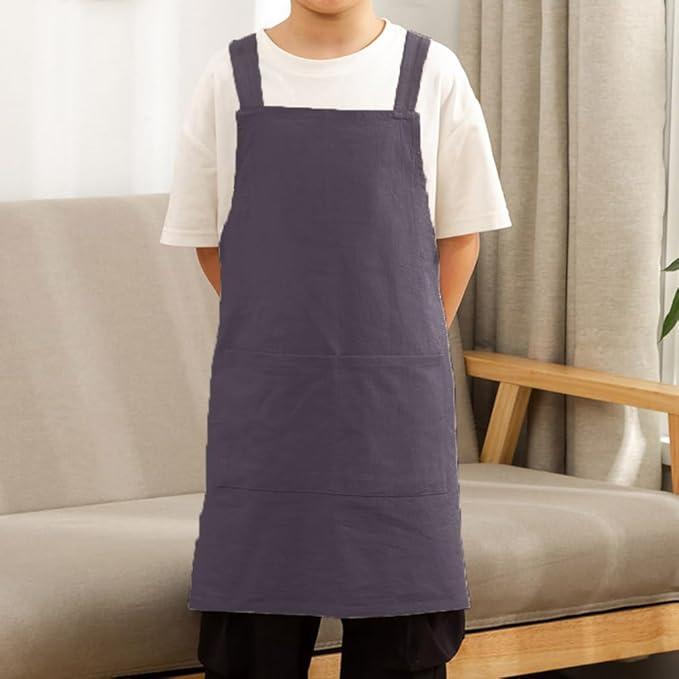 Kids Cotton Cross Back Aprons Children Chef Pure Child Apron with 2 Pockets for Baking Painting Cooking