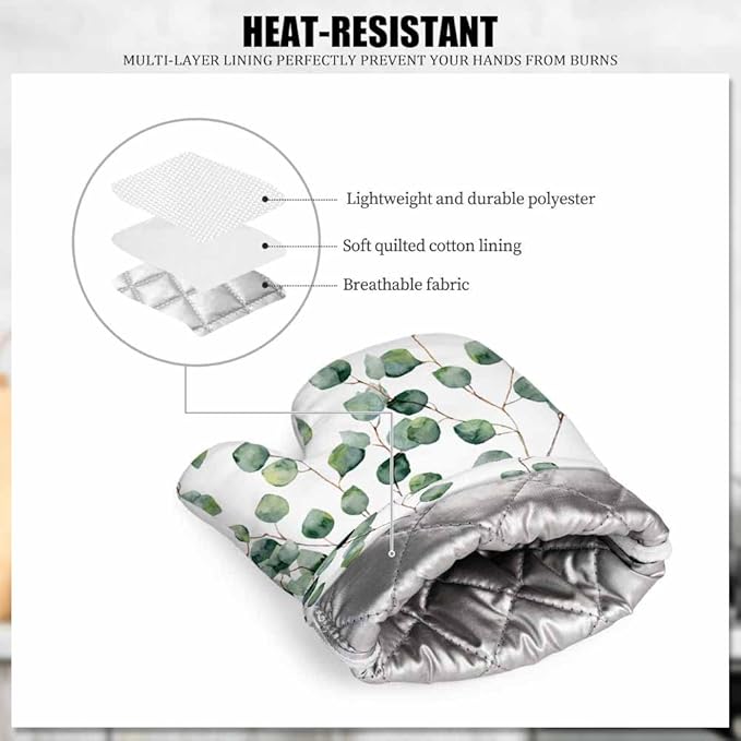 Mxocom Green Leaves Silicone Oven Mitts and Pot Holders Sets Eucalyptus Round Leaf Foliage Branches Twig Natural Plant Repeat BBQ Gloves for Kitchen,Cooking,Baking,Grilling