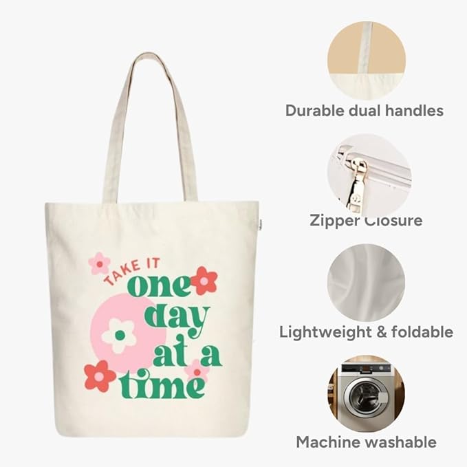 Ecoright Tote Bag for Women with Zipper, Small Tote Bag, Canvas Bag, Reusable Cotton Bag for Beach, Grocery, School & Work