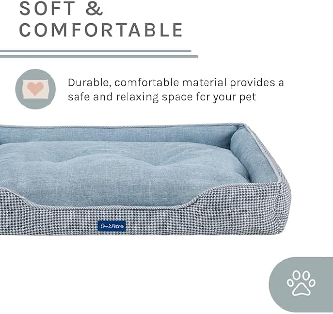 Sam's Pets Arlo Orthopedic Blue Plaid Dog Bed with Soft Fabric, Easy Cleaning, Non-Slip Grip, Modern Design, Large