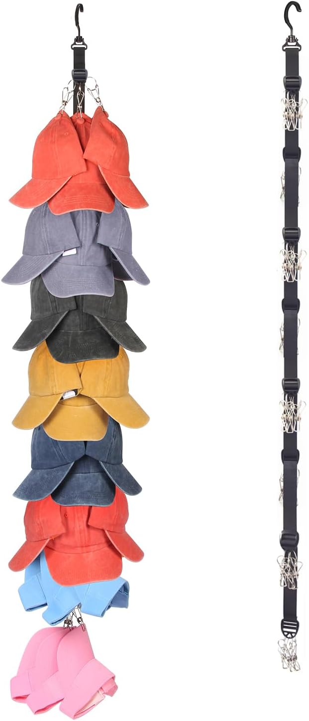 Miracsnail Hat Rack for Baseball Caps Organizer Hat Holder for Closet Hook, Wall and Door 24 Large Clips Cap Storage for Hanging Ball Caps Winter Beanie & Accessories 1 Pack
