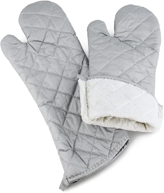 YUANQIAN 17 Inch Extra Long Oven Mitts Heat Resistant Cotton Lining Oven Thick Gloves Kitchen Food Service Mittens for Pot Holders Cooking Baking BBQ, up to 482f (Silver, 17inch)