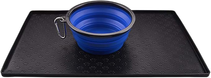 Dog Food Mat, Silicone Dog Cat Bowl Mat, Non Slip Pet Feeding Mat Waterproof Dog Placemat for Small Animals (18.5"x11.8", Black Paw Pattern)